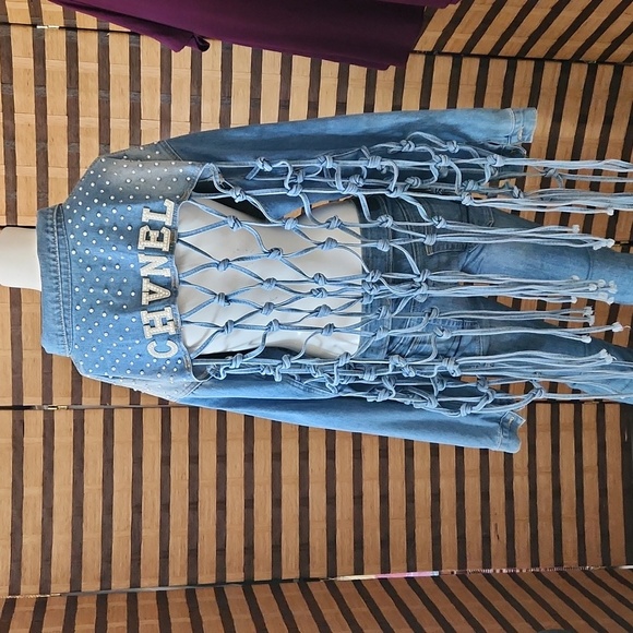 NWOT! Custom made Fringe crop diamond and pearl jean jacket - Picture 1 of 12